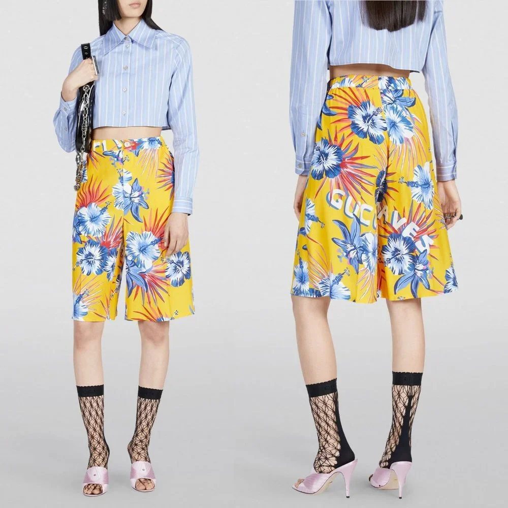GUCCI CROPPED PANTS HAWAIIAN BERMUDA SHORTS HIBISCUS LEAVES PRINT sz IT 38 US 2